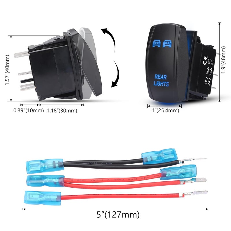 Weasch LED Rear Lights Rocker Switch, Laser On/Off SPST 5Pin Waterproof, 20A/12V 10A/24V, with Jumper Wires for Cars Trucks RVs Boat ATV UTV RZR, Blue - Image 5